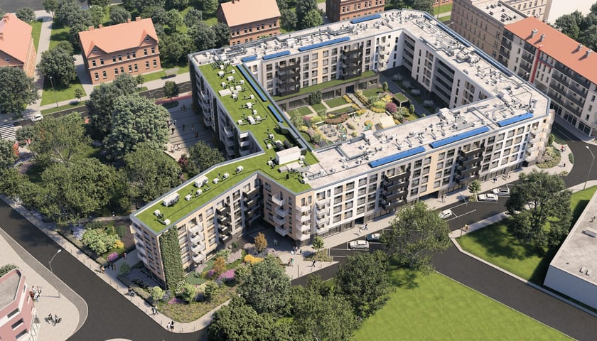 Na Brochowie u zbiegu ulic: Mościckiego, Semaforowej, Pakistańskiej i Wietnamskiej TBS Wrocław buduje 200 mieszkań na tani wynajem. Inwestycja wyprzedzająco mieści się we Wrocławskim Standardzie Zielenego Budynku