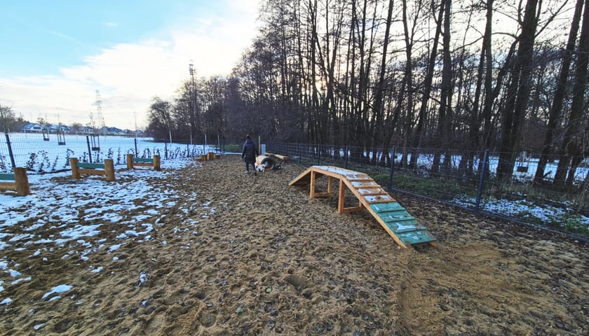 Fragment nowego psiego wybiegu z trapem i tunelem oraz płotkami w Ekoparku na Stabłowicach.