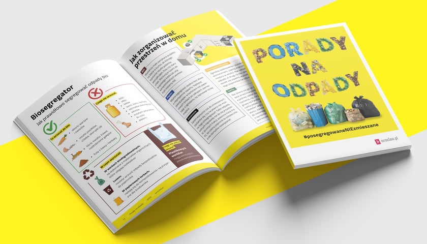Publikacja edukacyjna na żółtym tle prezentująca poradnik segregacji odpadów, zawierająca infografiki z ikonami typów śmieci, symbolami recyklingu oraz zdjęcia kolorowych pojemników do segregacji. Materiał promuje właściwą segregację odpadów z hasłem "#posegregowaneNIEzmieszane".