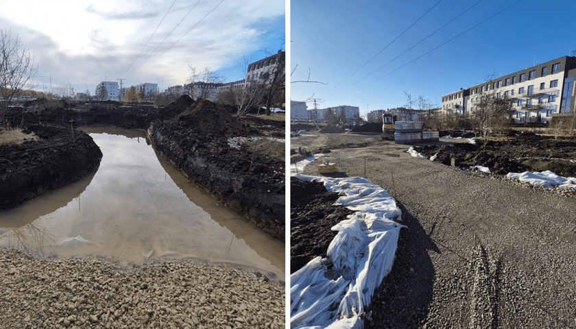 Skwer przy Kajdasza na osiedlu Jagodno we Wrocławiu - zdjęcia robót w różnych fazach, na których widać, że retencjonowanie wód opadowych w nieckach chłonnych już przynosi efekty