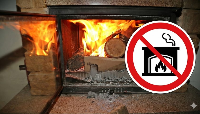Na zdjęciu rozpalony kominek, a w kółku symboliczny znak zakazu palenia w kominkach  