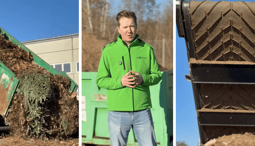 Kolaż 3 kadrów z przygotowanego przez Ekosystem filmu na temat przetwarzania odpadów zielonych na kompost