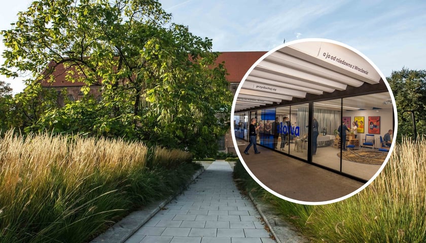 W tle: Skwer Wrocławianek, zdjęcie ilustracyjne, w kółku: Przejście Dialogu przy ul. Świdnickiej we Wrocławiu