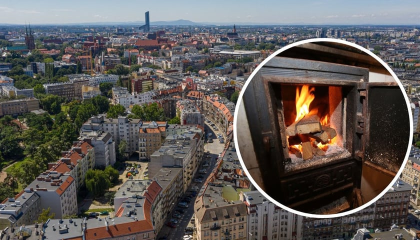 Kolaż 2 zdjęć ilustracyjnych: w tle panorama Wrocławia, w kółku palenisko pieca starego typu