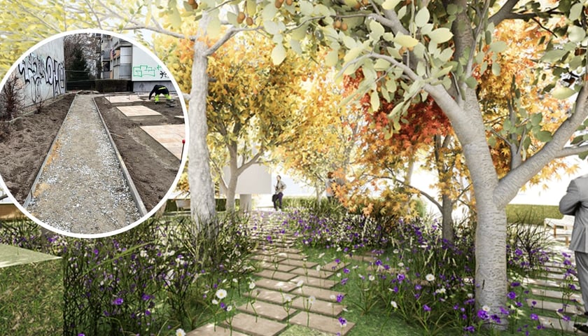Wizualizacja przedstawiająca tworzony obecnie skwer przy ul. Podchorążych - kamienna ścieżka wśród drzew i kwiatów. W małym kółko po lewej stronie okrągłe zdjęcie przedstawiające prace ziemne przy wytyczaniu ścieżki.
