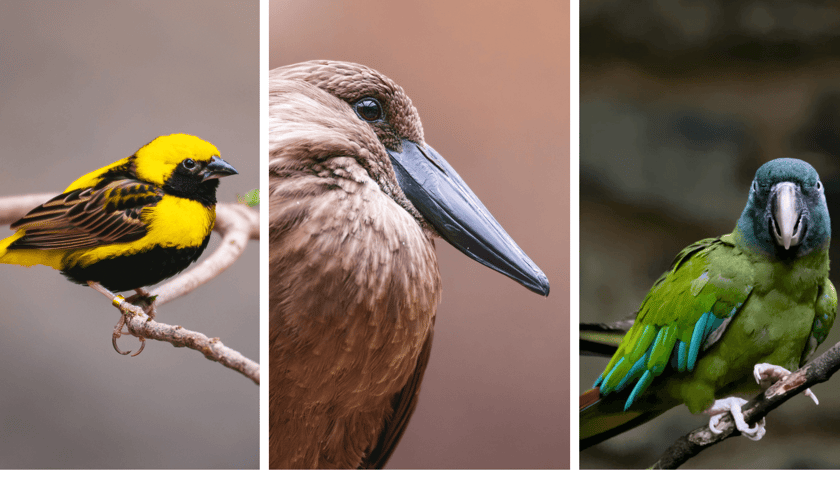 Kolaż 3 zdjęć. Od lewej wikłacz słoneczny, waruga i ara niebieskogłowa
