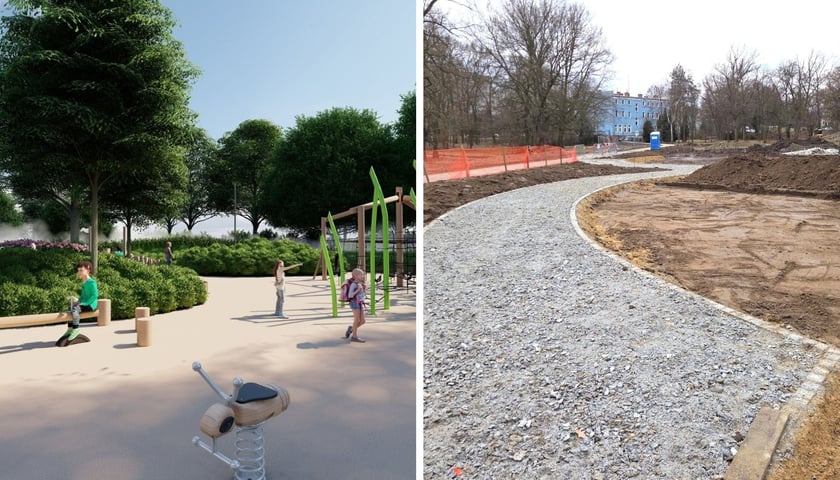 Ilustracja złożona z dwóch części: po lewej - wizualizacja placu zabaw w Nadodrzańskiej Osadzie Przygody, z prawej - widok na teren w parku przy Stawie Kozanowskim, gdzie tworzone są alejki  spacerowe.