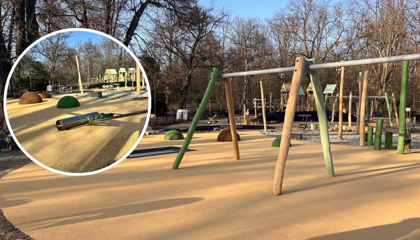 Modernizacja placu zabaw w Parku Południowym - na zdjęciu urządzenia zabawowe, w lewej części mniejsze okrągłe zdjęcie z wałkiem do układania elastycznej nawierzchni.