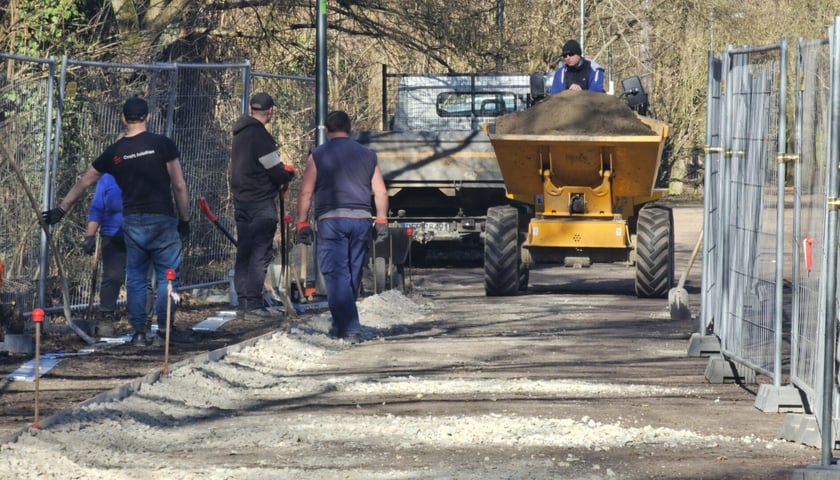 Robotnicy i maszyna budowlana wioząca ziemię na Alei Romera w Parku Grabiszyńskim.