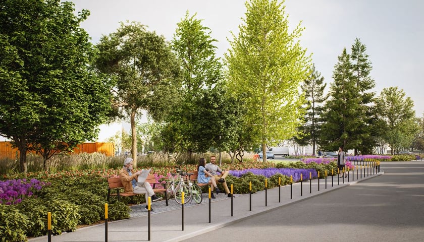 Wizualizacja przedstawiająca zrewitalizowany skwer wzdłuż ul. Ziębickiej.