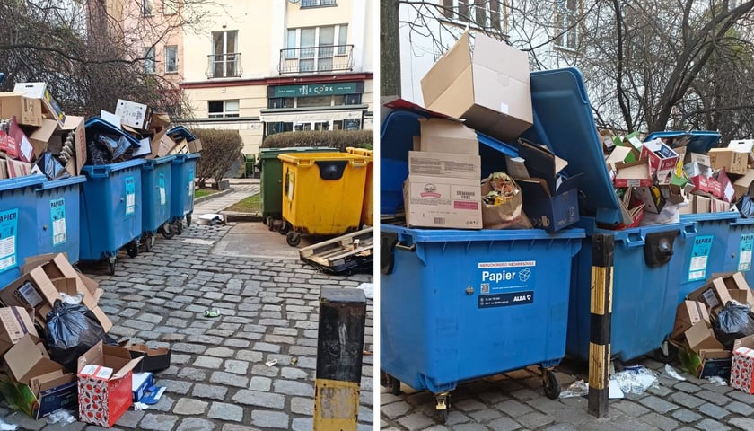 Kontenery pełne kartonów w centrum Wrocławia