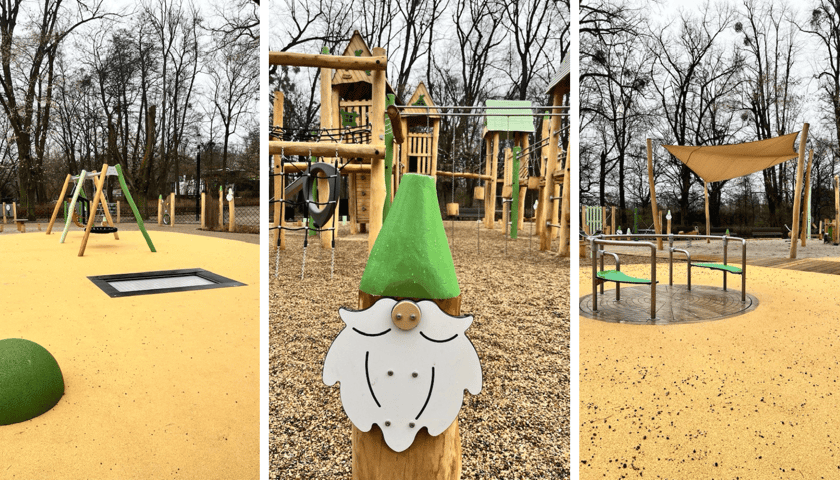 Kolaż 3 zdjęć, przedstawiających urządzenia na odnowionym placu zabaw w Parku Południowym we Wrocławiu