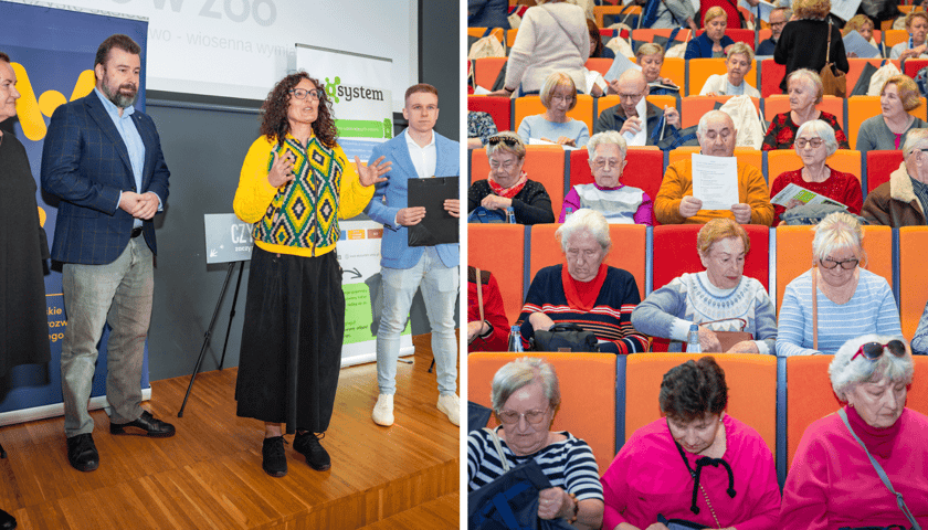 Kolaż 2 zdjęć: z lewej inauguracja kampanii "Wrzuć do kosza", z prawej pierwsza grupa uczestnicząca w szkoleniu.