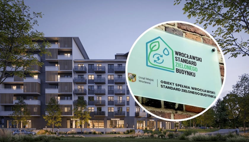 Wizualizacja bloku przy Miłosza - pierwszego prywatnego budynku z zaświadczeniem o spełnieniu Wrocławskiego Standardu Zielonego Budynku. Na małym zdjęciu w kółku tabliczka z napisem "Wrocławskiego Standardu Zielonego Budynku" 