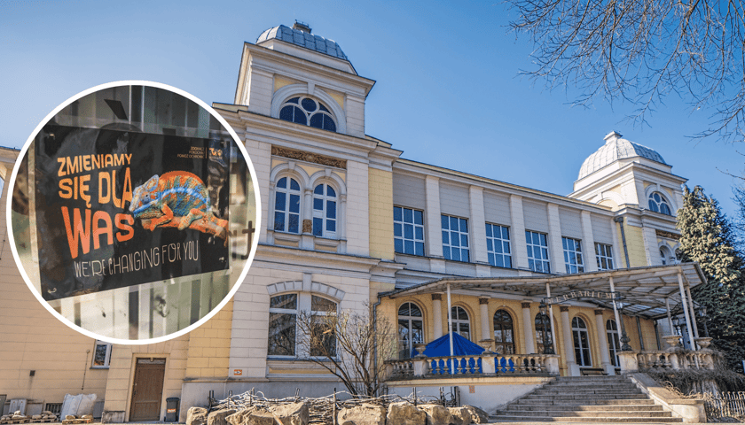 Kolaż 2 zdjęć: w tle zabytkowy budynek Terrarium we wrocławskim zoo, w kółku napis "Zmieniamy się dla was"