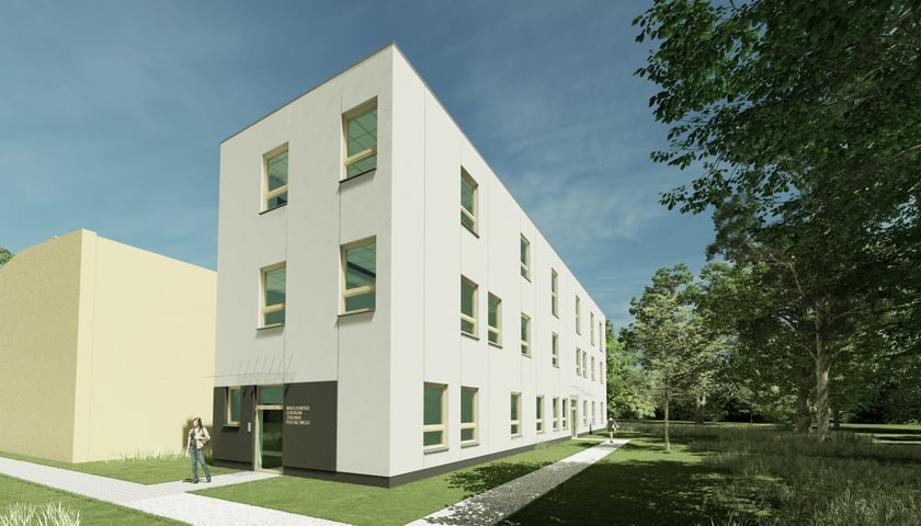 Wizualizacja nowego CZP. 3-kondygnacyjny budynek powstaje w technologii modułowej.