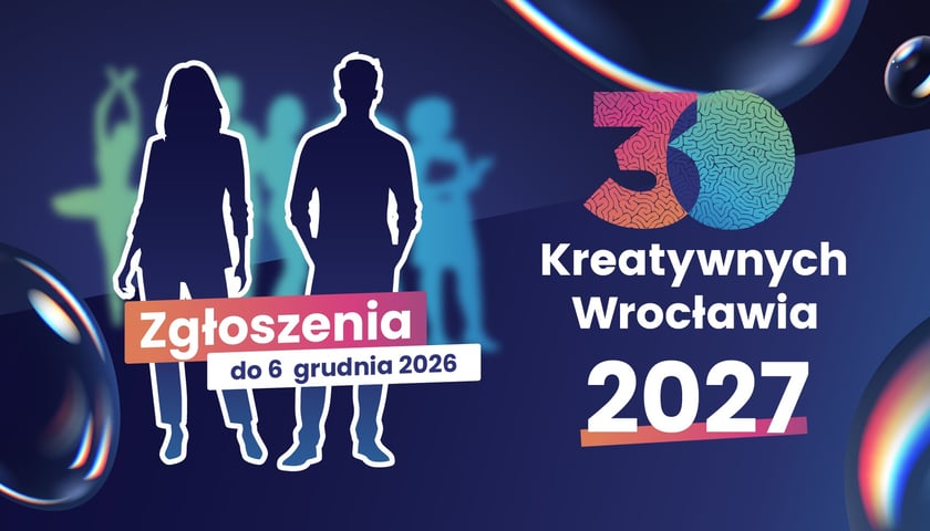 Grafik z informacją, że zgłoszenia w konkursie 30 Kreatywnych Wrocławia 2027 trwają do 6 grudnia 2026