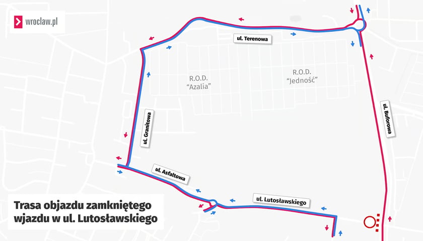 Trasa objazdu zamkniętego wlotu w ul. Lutosławskiego