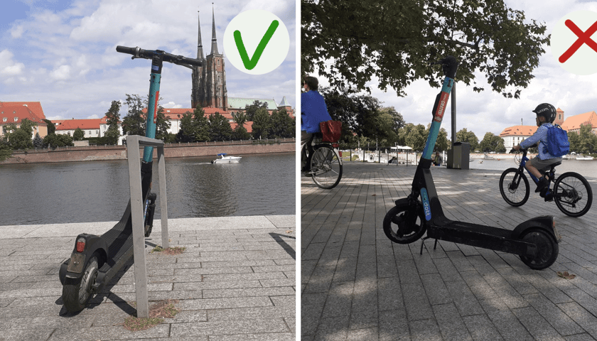 Dobrze (przy stojaku rowerowym) i źle (na środku przejścia) zaparkowana hulajnoga elektryczna