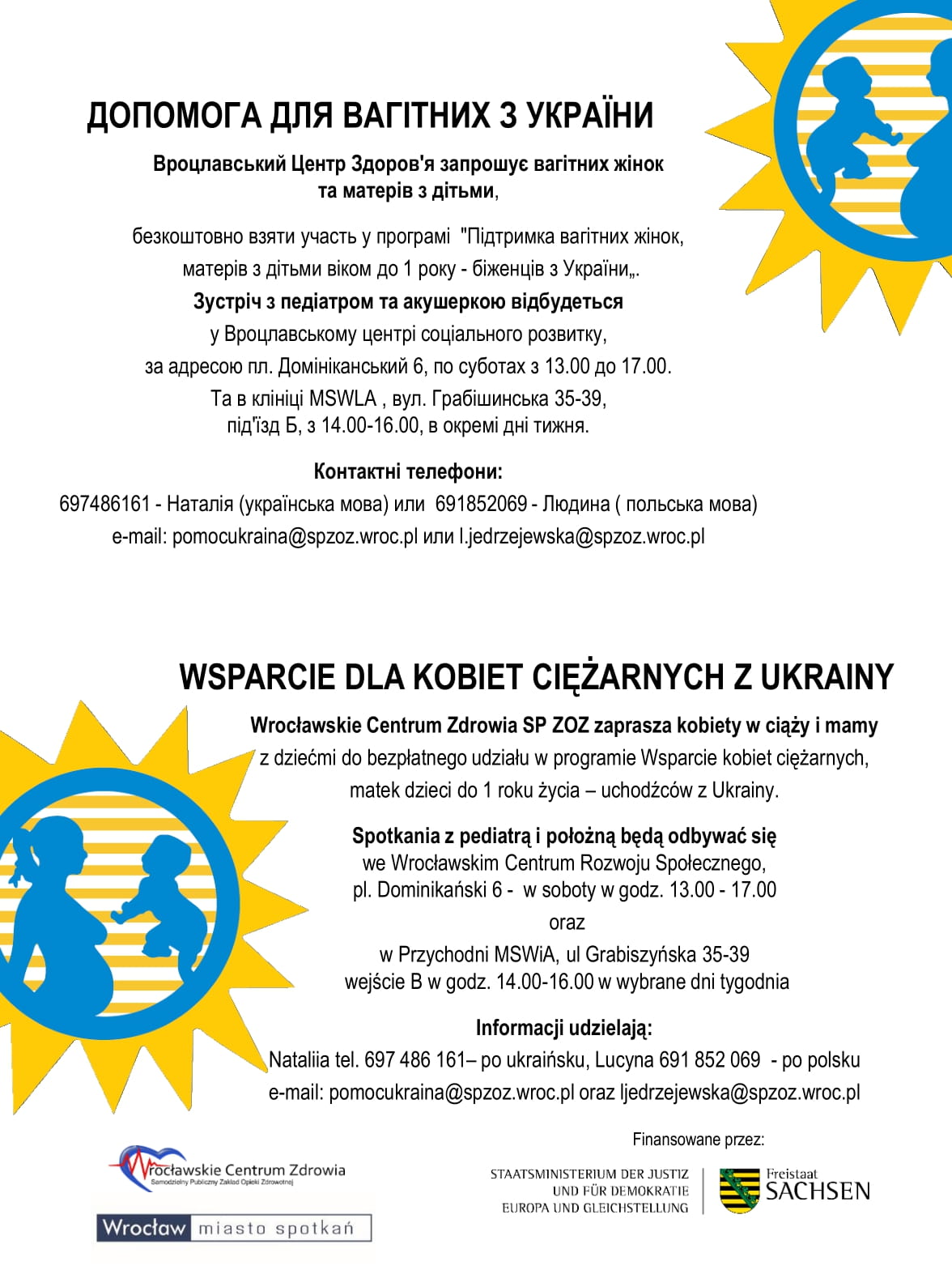 Ulotka dla ciężarnej z Ukrainy - pomoc położnej i pediatry we Wrocławiu