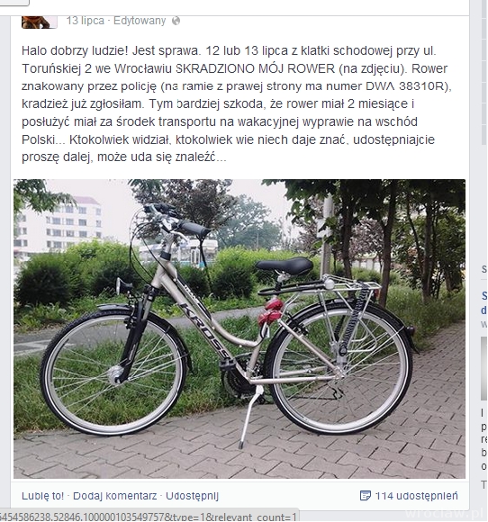 Karolina wrzuciła apel ze zdjęciem roweru na swój profil
