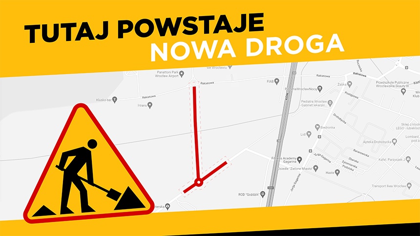 Mapa z lokalizacją nowej drogi między rondem przy ul. Rakietowej a ul. Żwirki i Wigury. 