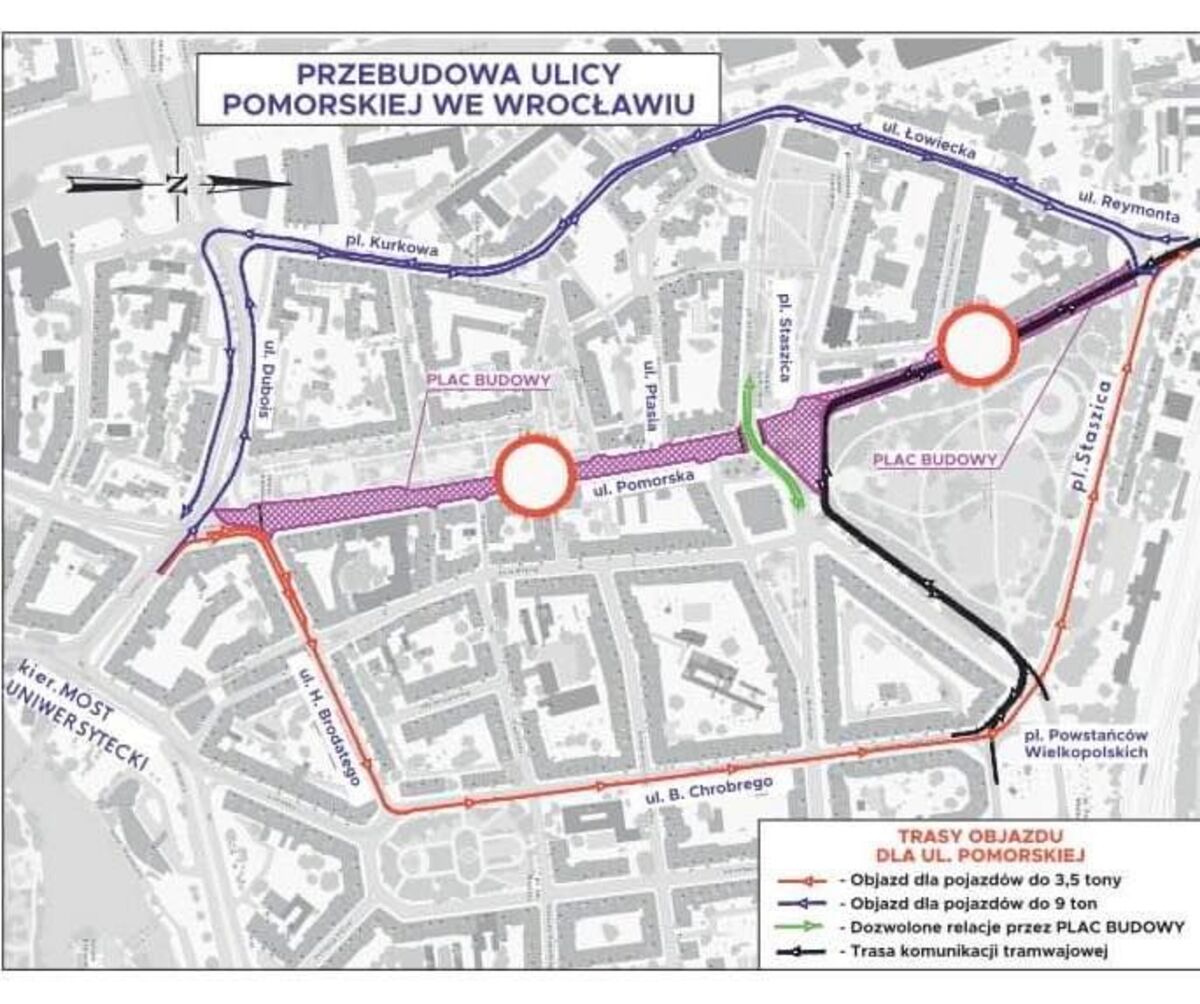 The section from the intersection of ul. Pomorska and ul. Dubois to Plac Staszica will be closed.