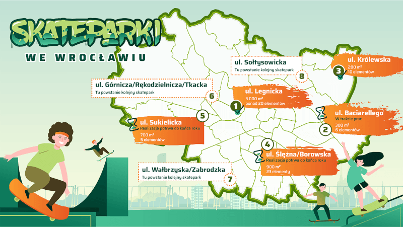 Mapa skateparków we Wrocławiu.