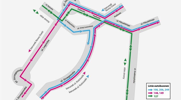 Mapa objazdów pl. Orląt Lwowskich dla autobusów komunikacji miejskiej