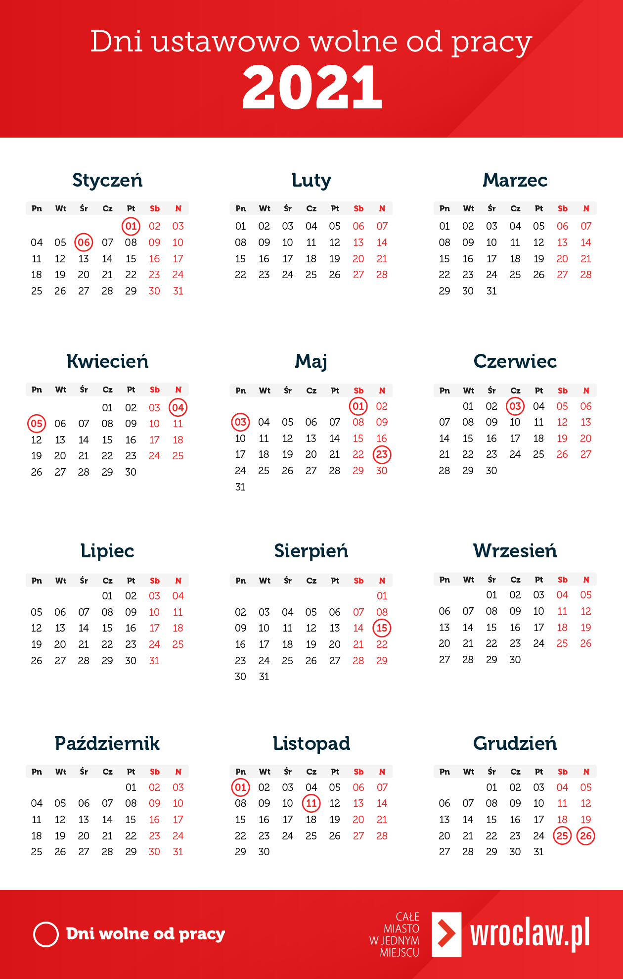 Dni Wolne Od Pracy W 2021 Roku Kalendarz Www Wroclaw Pl