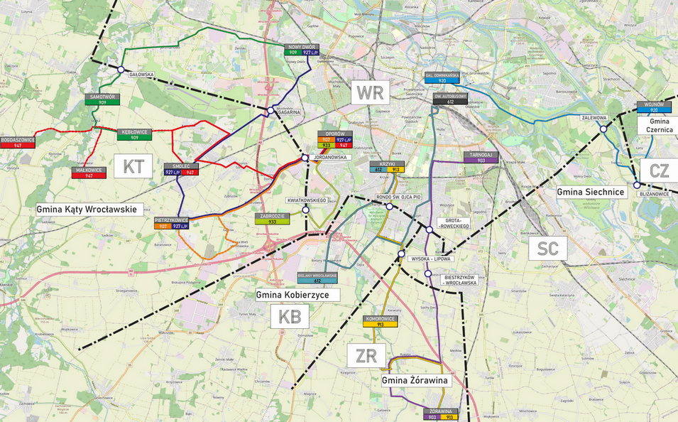mapa autobusowych połączeń aglomeracyjnych