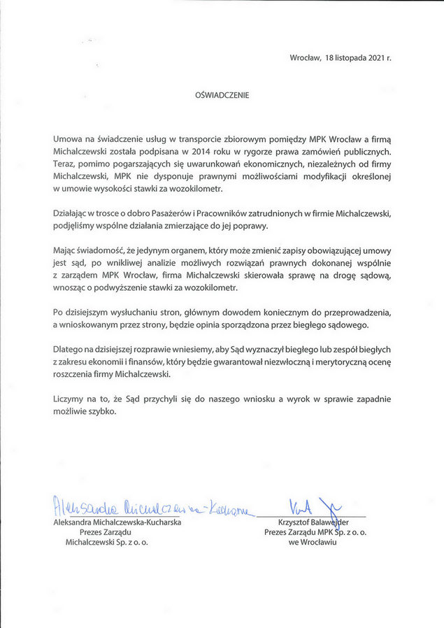 Oświadczenie MPK Wrocław i Michalczewski dot. stawki za podwykonawstwo