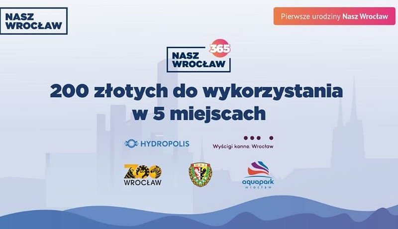 Grafika pokazuje w których 5 miejscach można wykorzystać 200 złotych na pierwsze urodziny Nasz Wrocław. Pokazane miejsca to: Hydropolis, Zoo Wrocław, WKS, Aquapark Wrocław oraz Wyścigi konne Wrocław.