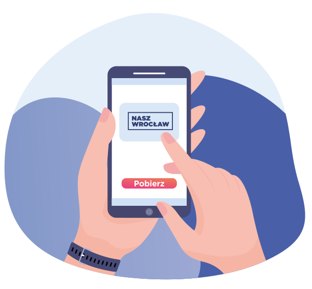 Grafika przedstawia telefon komórkowy z włączoną aplikacja Nasz Wrocław