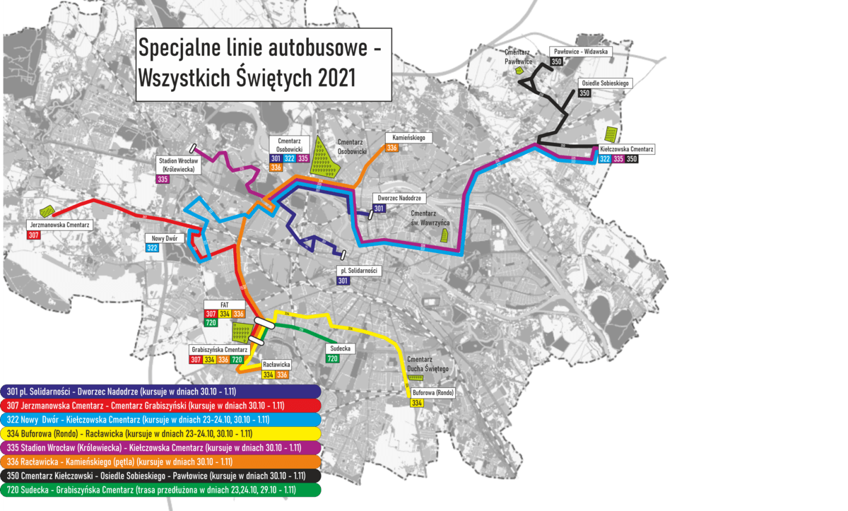 Specjalne linie autobusowe Wszystkich Świętych 2021 Wrocław, schematy