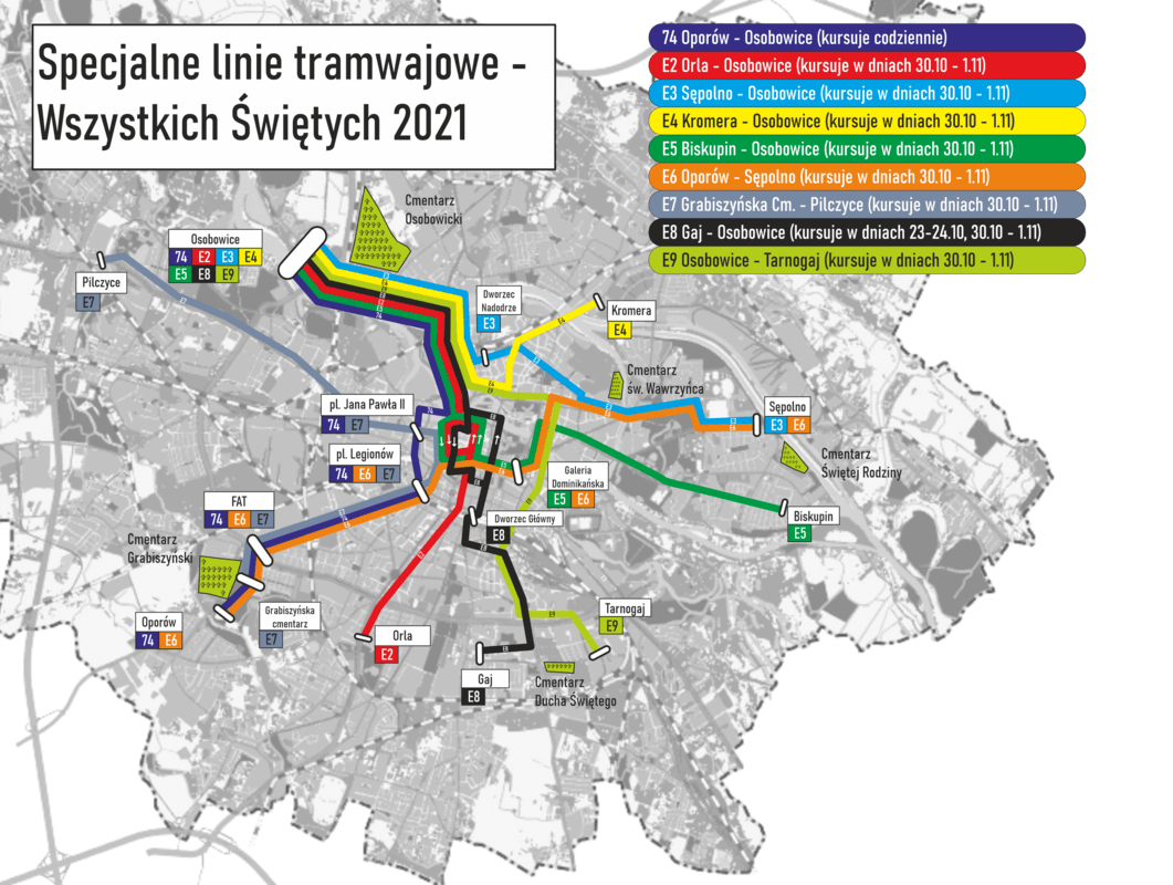 Specjalne linie tramwajowe Wszystkich Świętych 2021 Wrocław, schematy