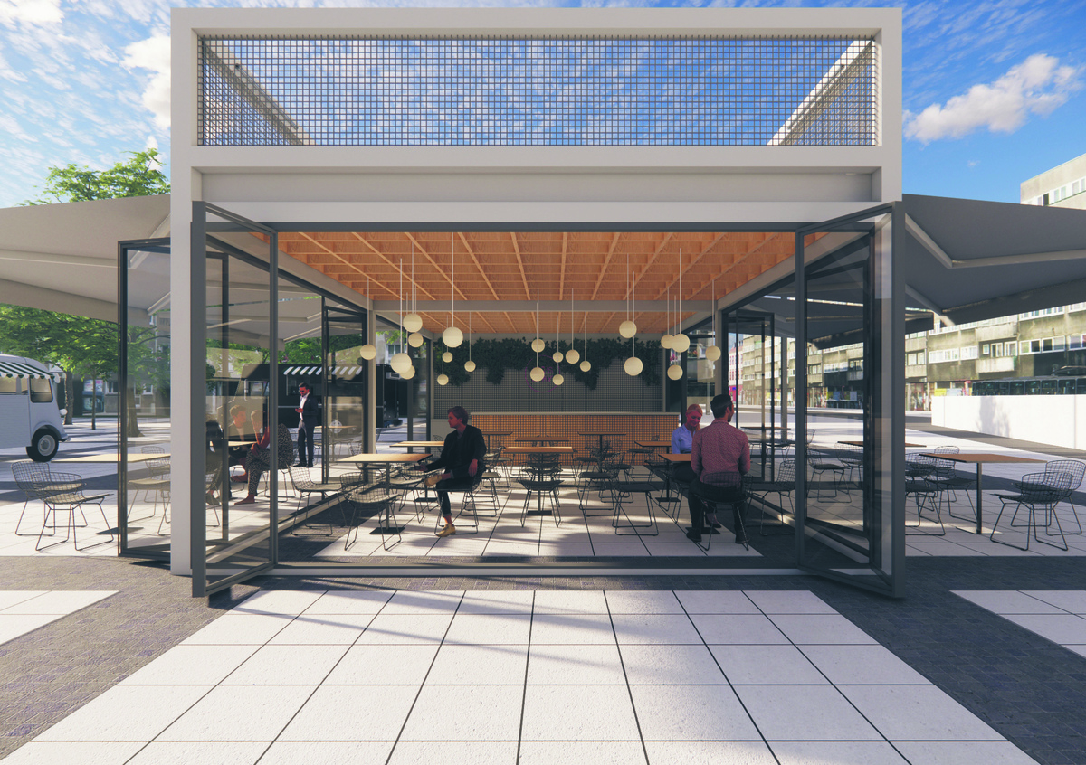Wizualizacje Menthol Architects - W 2022 roku Nowy Targ powinien ożyć dzięki pawilonowi rekreacyjno-gastronomicznemu