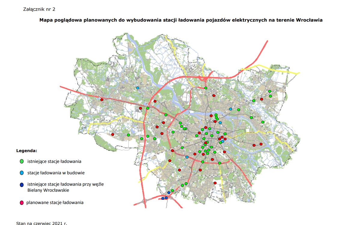 Mapa stacji ładowania pojazdów elektrycznych we Wrocławiu