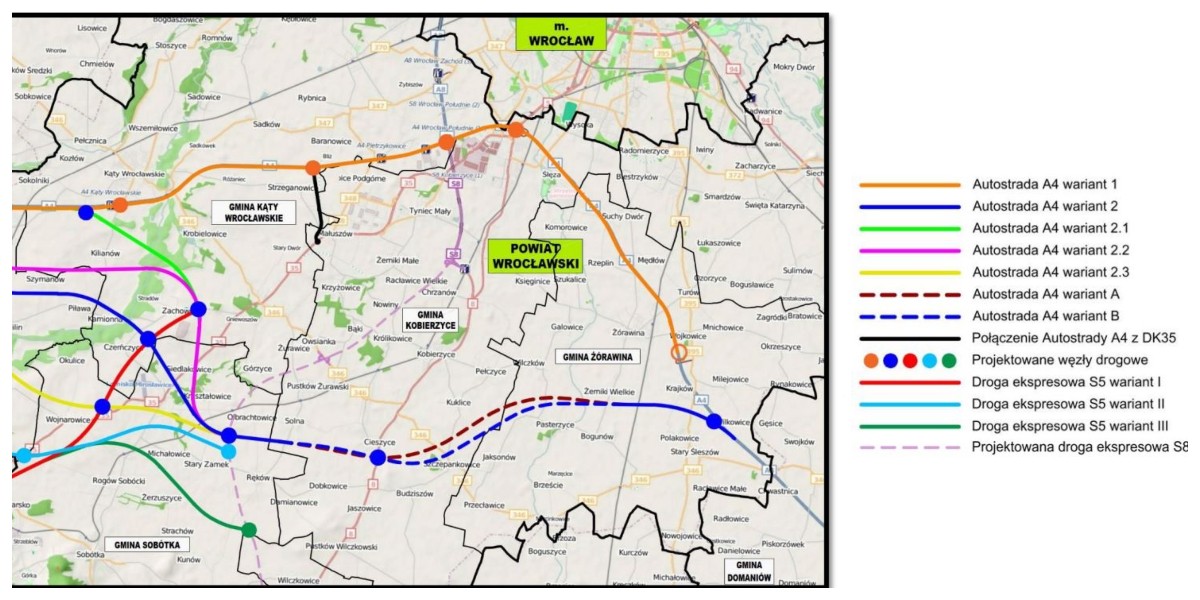 Orientacyjny przebieg proponowanych wariantów trasy autostrady A4  Legnica Południe – Wrocław Wschód / Stary Śleszów na terenie Wrocławia