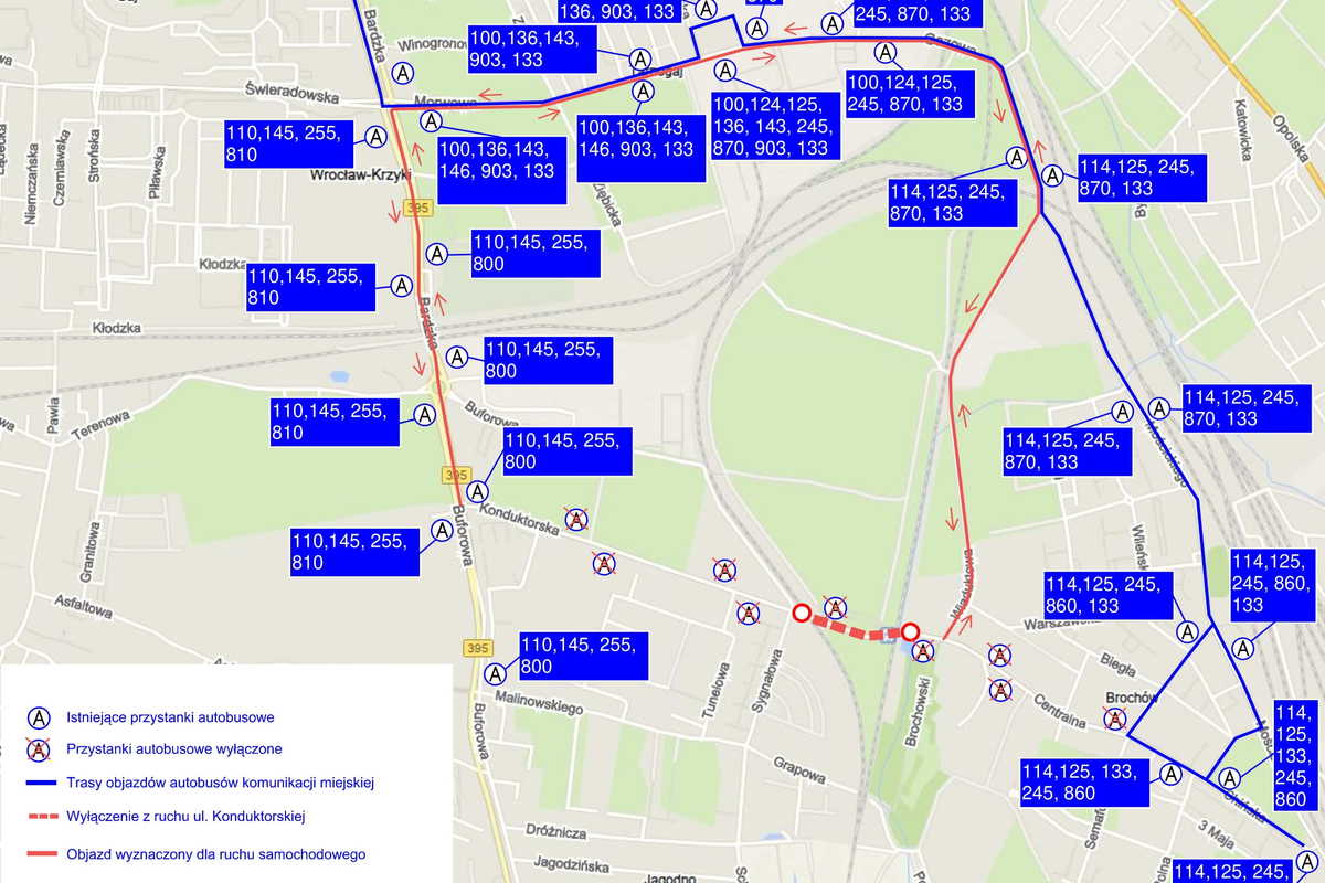 Mapa objazdów na ul. Konduktorskiej