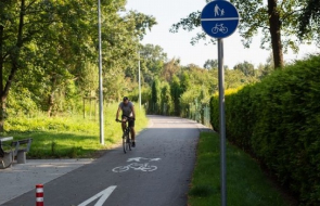 Na zdjęciu widnieje ścieżka rowerowa, a na niej rowerzysta.