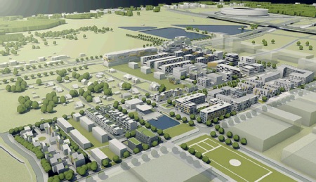 Masterplan visualisation of the model housing estate Nowe Żerniki (WUWA 2), Wrocław: perimeter blocks, low-rise terraces, green courtyards and the shared central spine, with the City Stadium beyond.