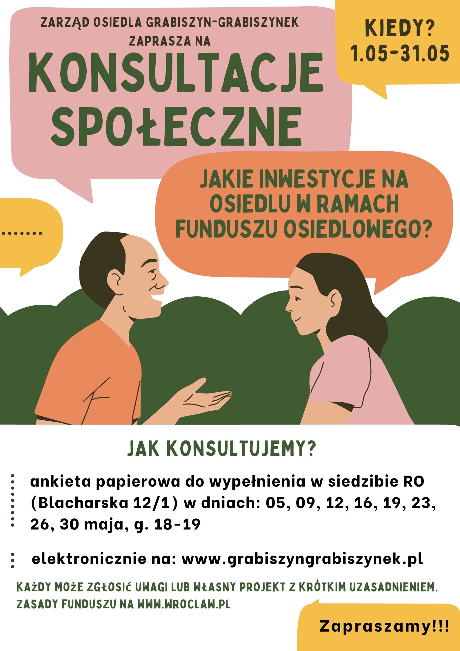 plakat konsultacji społecznych Funduszu Osiedlowego na lata 2022-2023 na osiedlu Grabiszyn-Grabiszynek