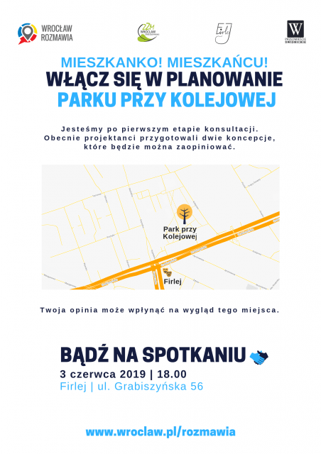 plakat konsultacji społecznych w sprawie parku przy Kolejowej