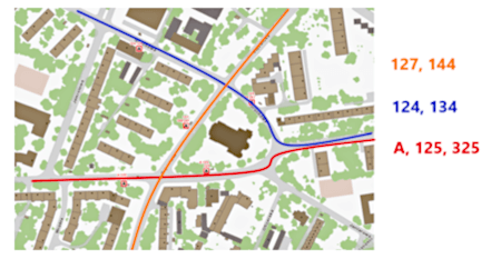 obecny układ komunikacji zbiorowej w rejonie ulicy Kruczej, mapa