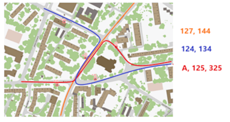projektowany układ komunikacji zbiorowej w rejonie ulicy Kruczej w wariancie przejściowym, mapa