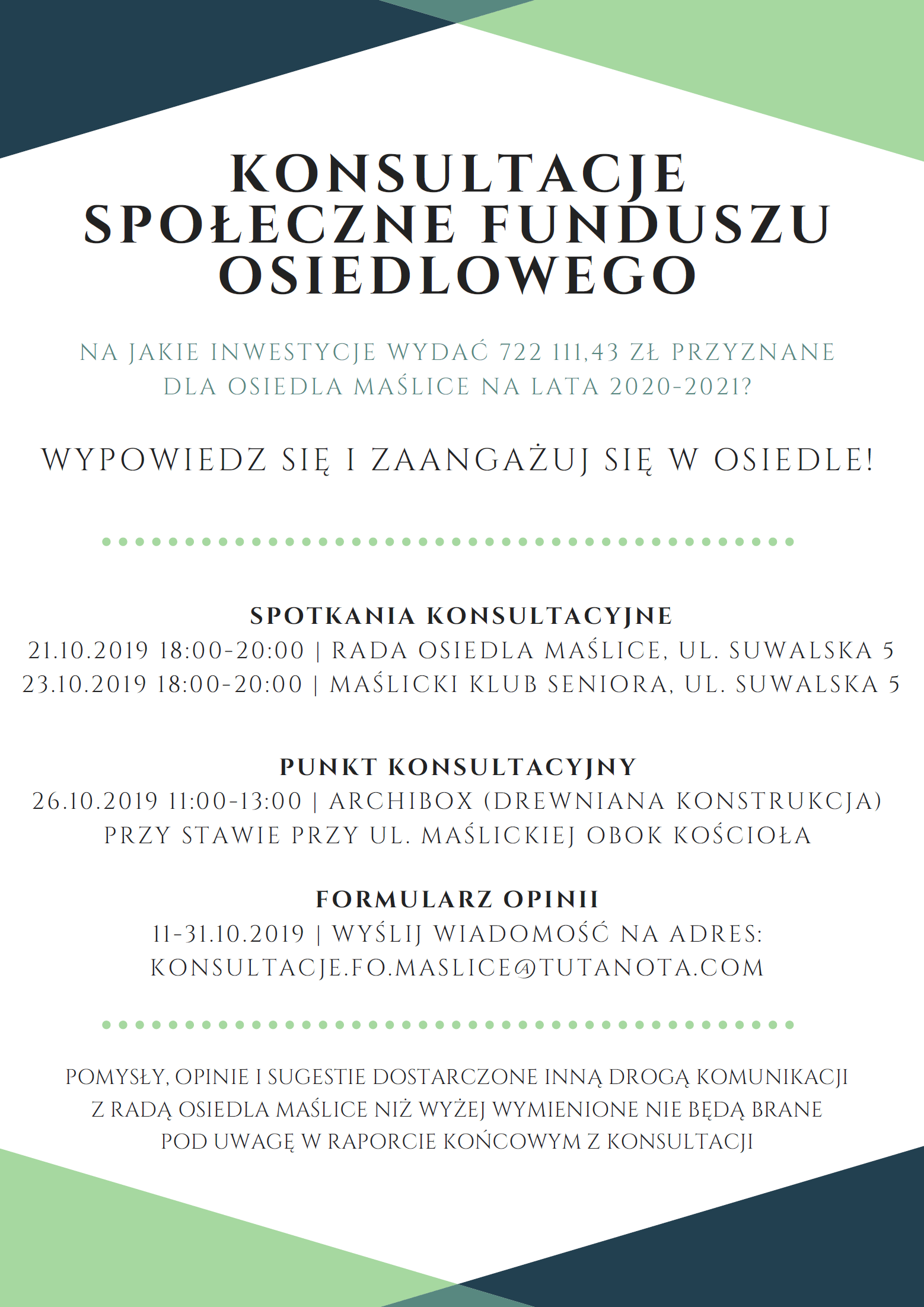 plakat konsultacji Funduszu Osiedlowego, Maślice