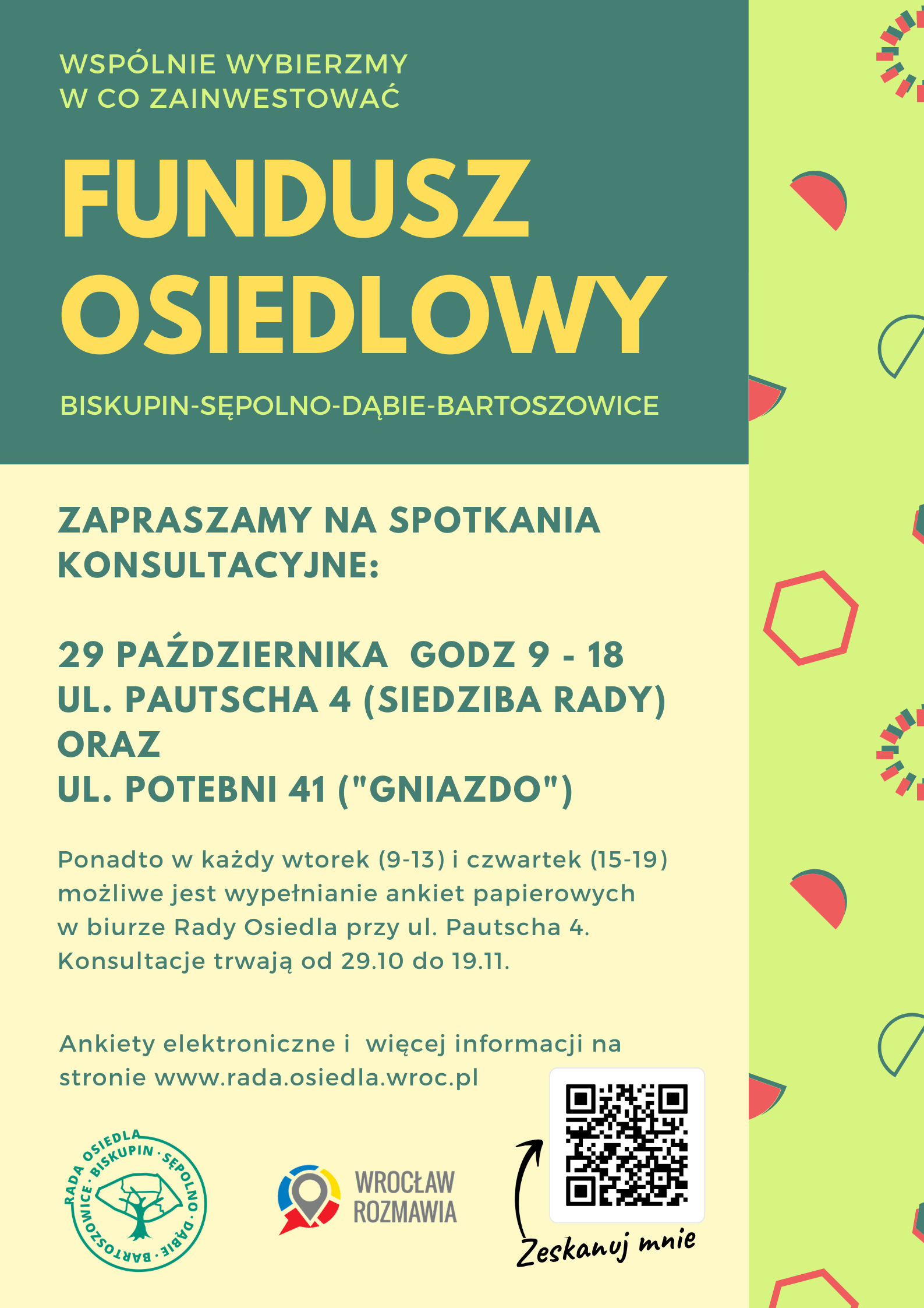 plakat konsultacji Funduszu Osiedlowego, Biskupin-Sępolno-Dąbie-Bartoszowice
