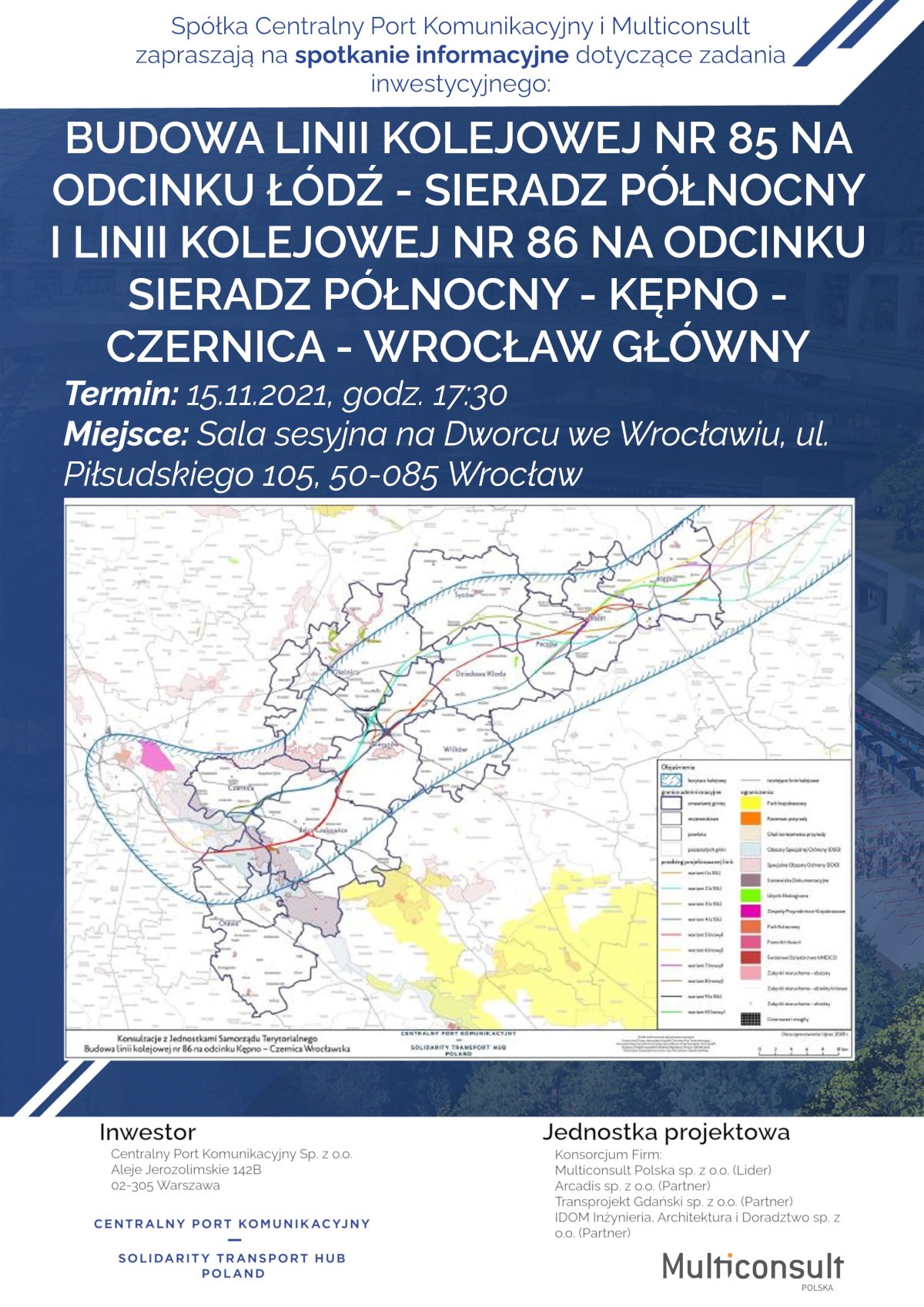 Plakat informujący o konsultacjach społecznych ws. planowanej linii kolejowej nr 86.