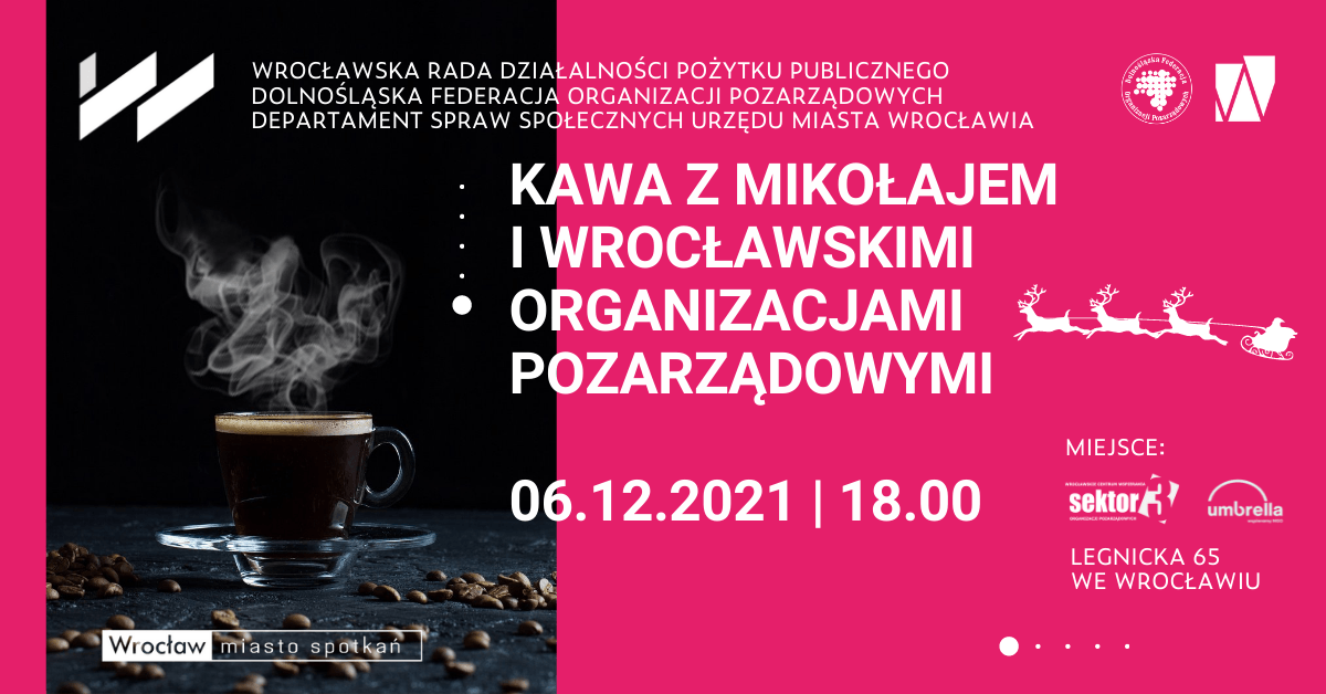 Baner informujący o wydarzeniu „Kawa z Mikołajem i wrocławskimi organizacjami pozarządowymi”.